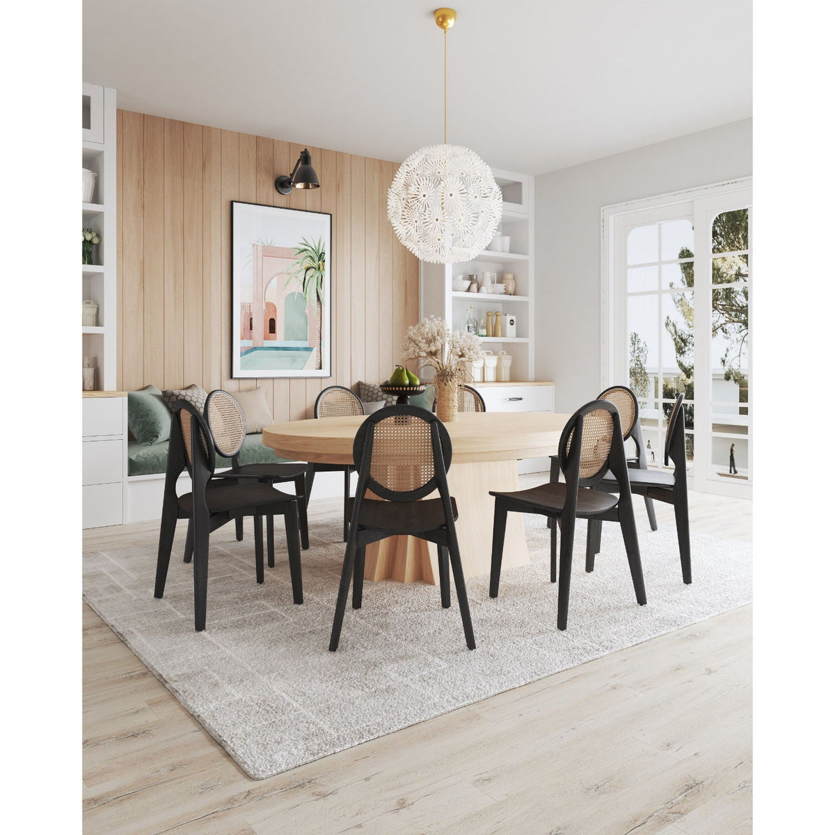 Rattan Cane Backrest Dining Chair Set with Solid Wood Frame - Black or Light Brown