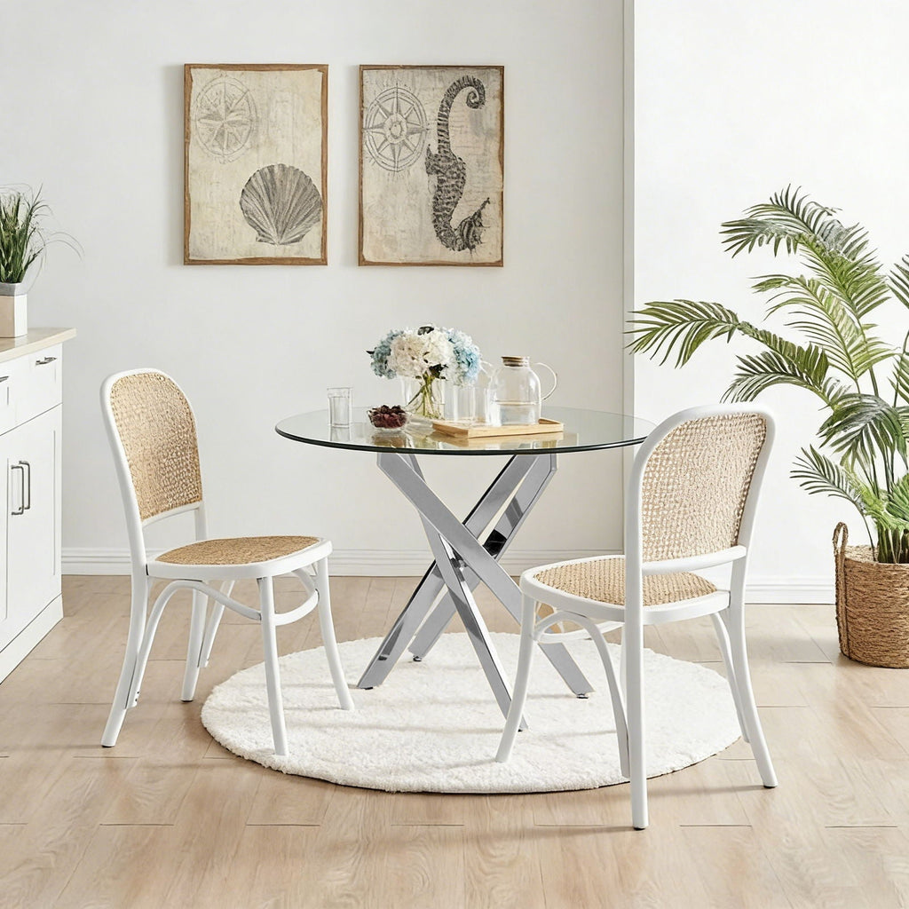 Modern Round Dining Table with Metal Frame - Pearl Silver, Gold, or White