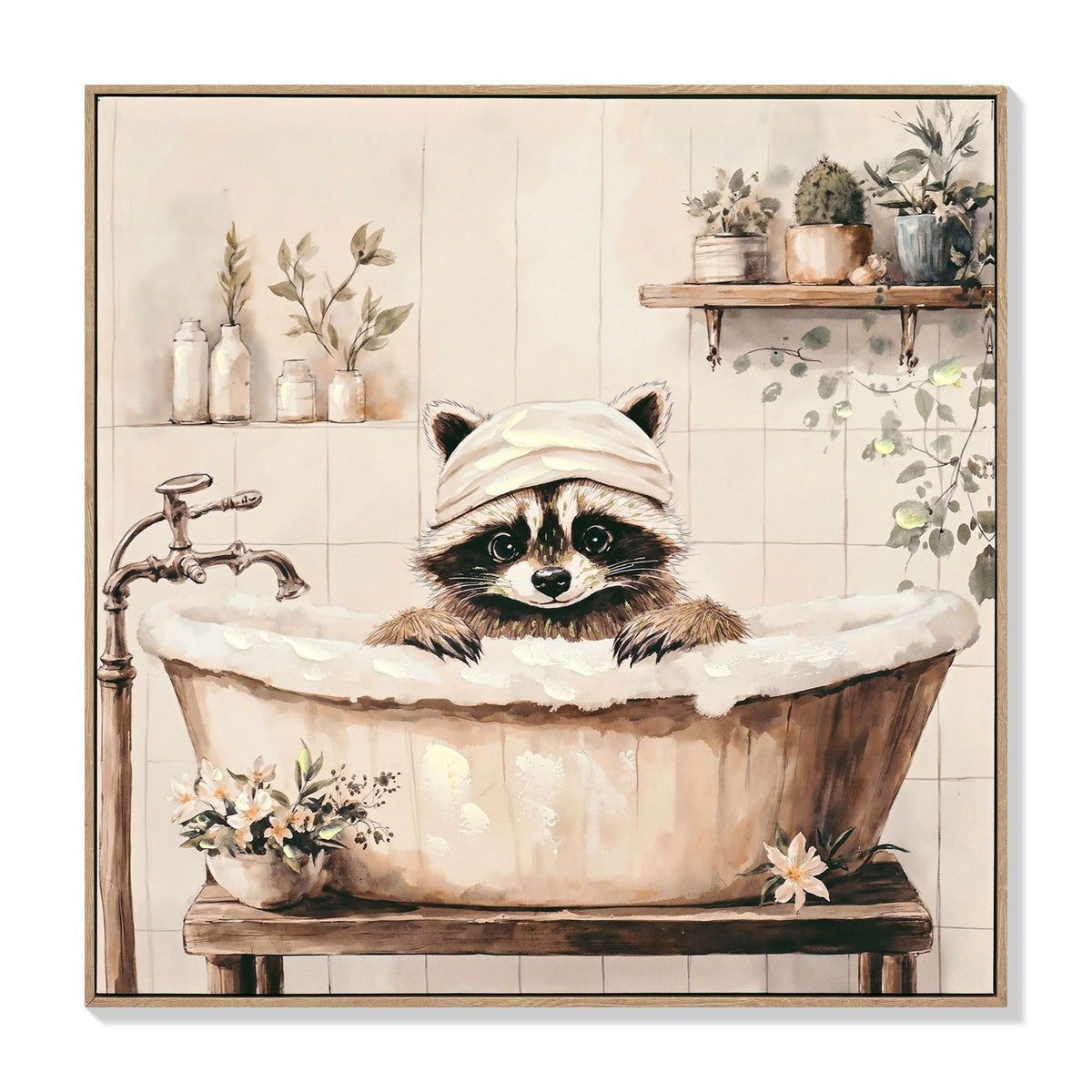 Raccoon Bathroom Canvas Wall Art with Hand-Painted Details - Black / Ivory