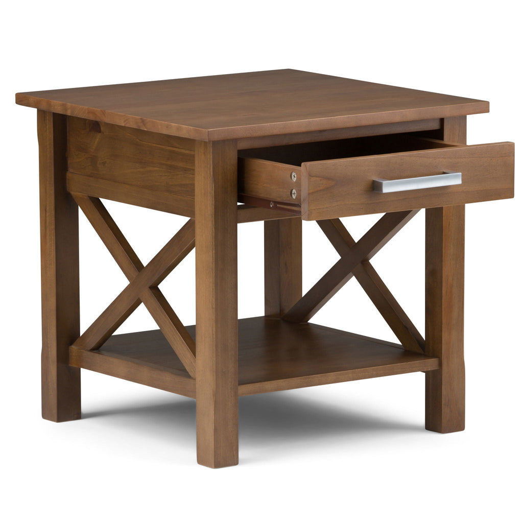 Medium Saddle Brown Solid Wood End Table with Drawer - Contemporary Style