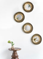 Round Wall Mirror with Metal Frame and Layered Flower Design - Gold
