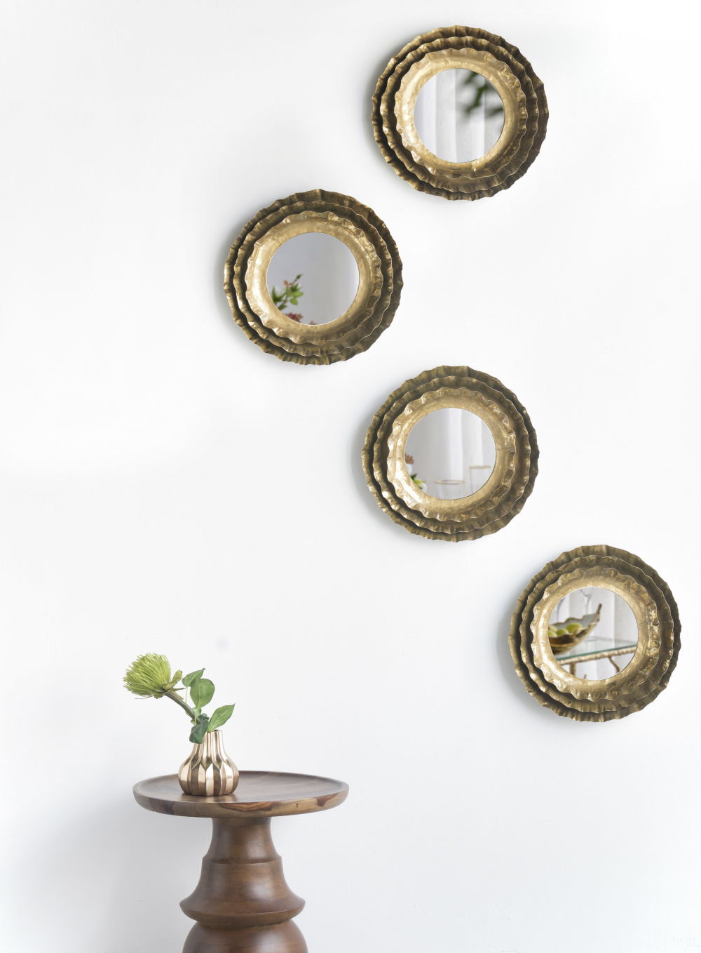 Round Wall Mirror with Metal Frame and Layered Flower Design - Gold
