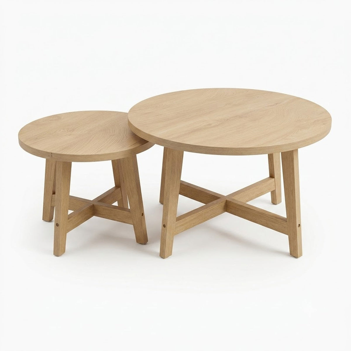 Round Nesting Coffee Tables Set of 2 with X-Cross Support - Natural Wood Finish