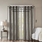 Charcoal Knitted Jacquard Damask Blackout Curtain Panel with Silver Grommets