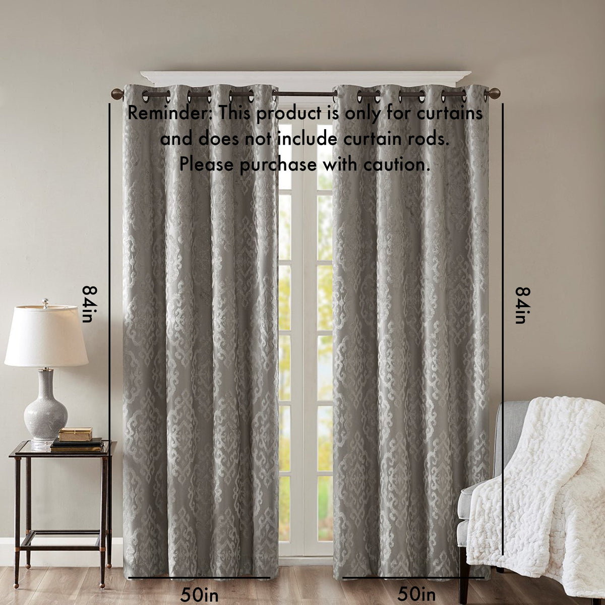 Charcoal Knitted Jacquard Damask Blackout Curtain Panel with Silver Grommets