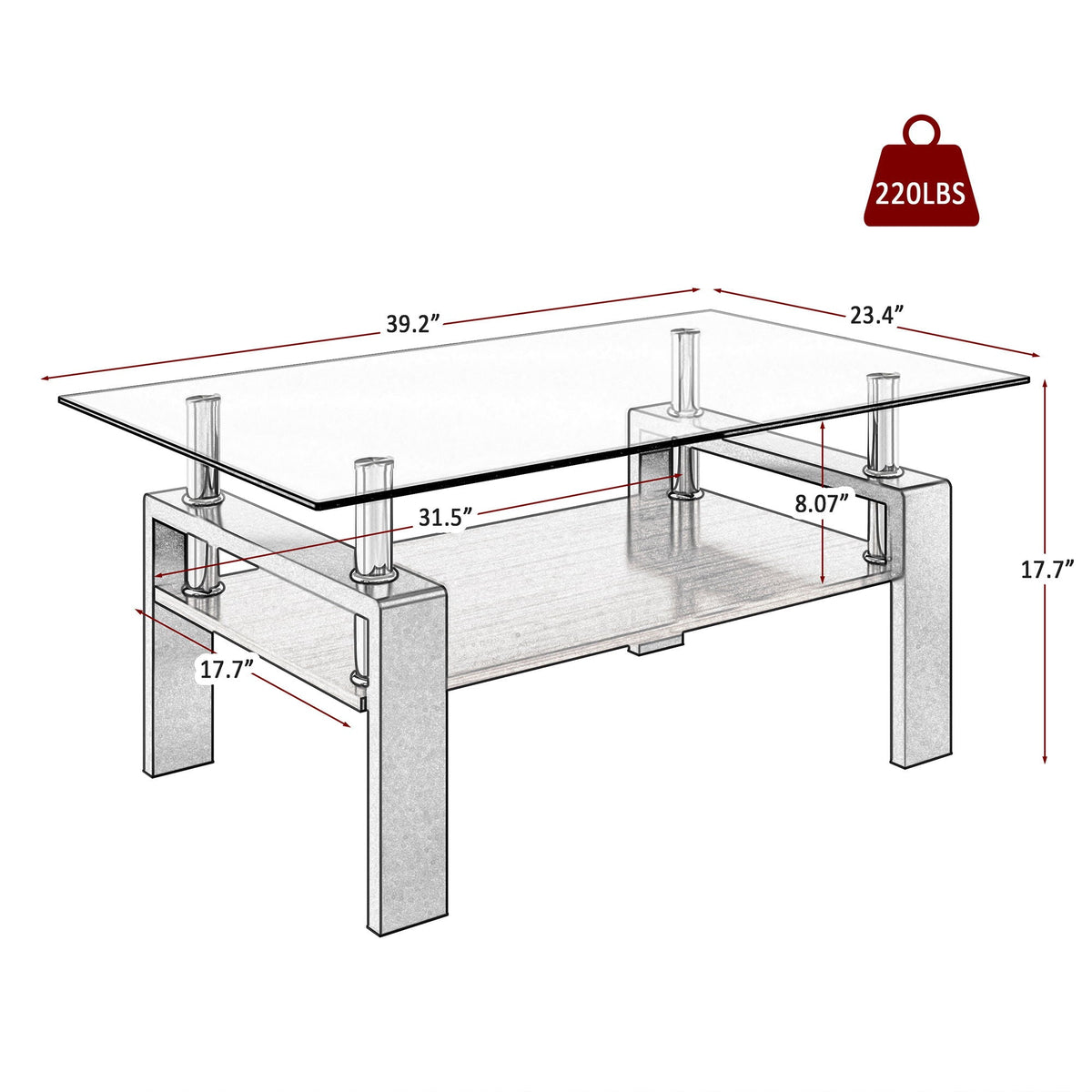 Modern Rectangular Coffee Table with Glass Top and Storage Shelf - White, Gray, Dark Gray, Dark Brown