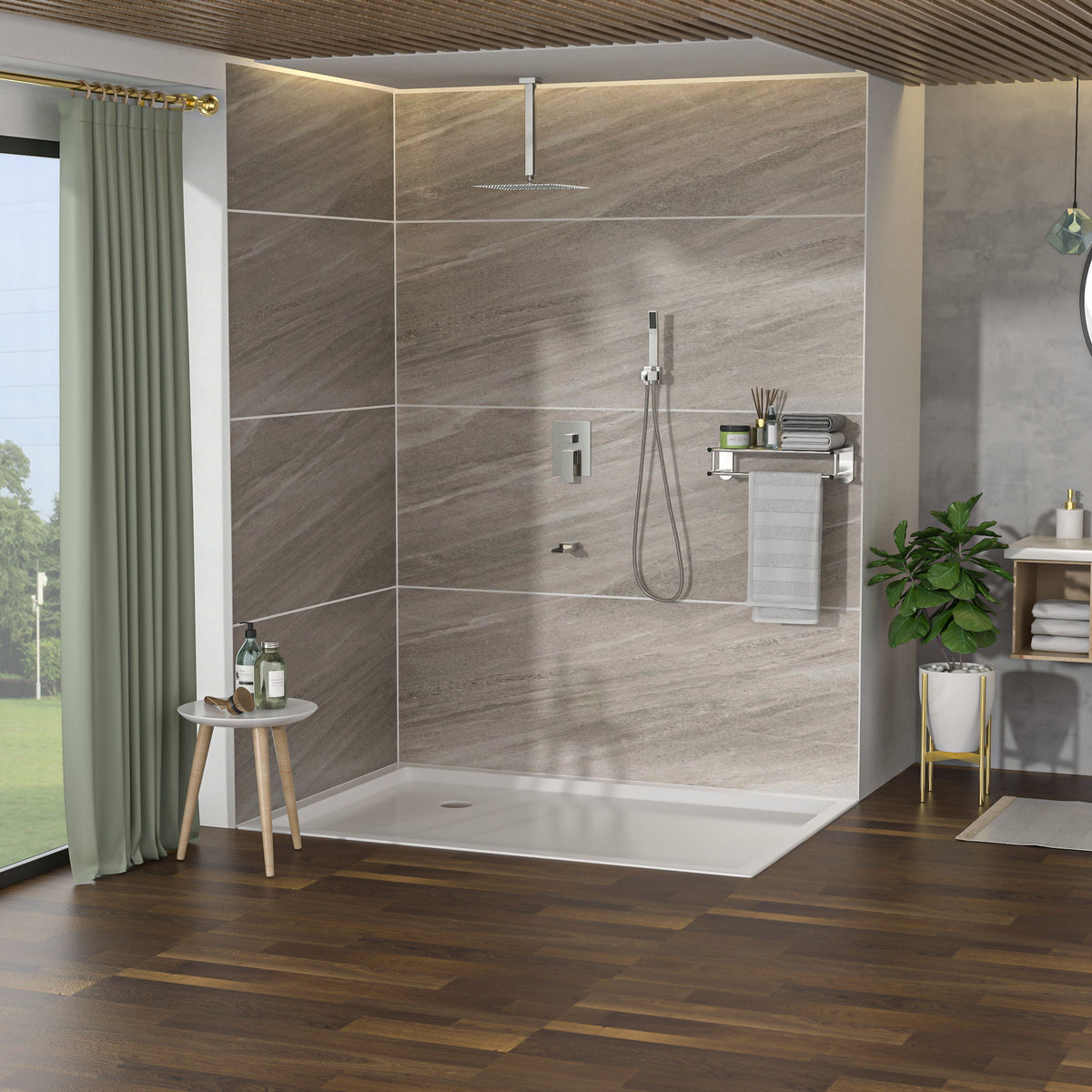 Modern Shower System with Waterfall Tub Spout - Black or Gray