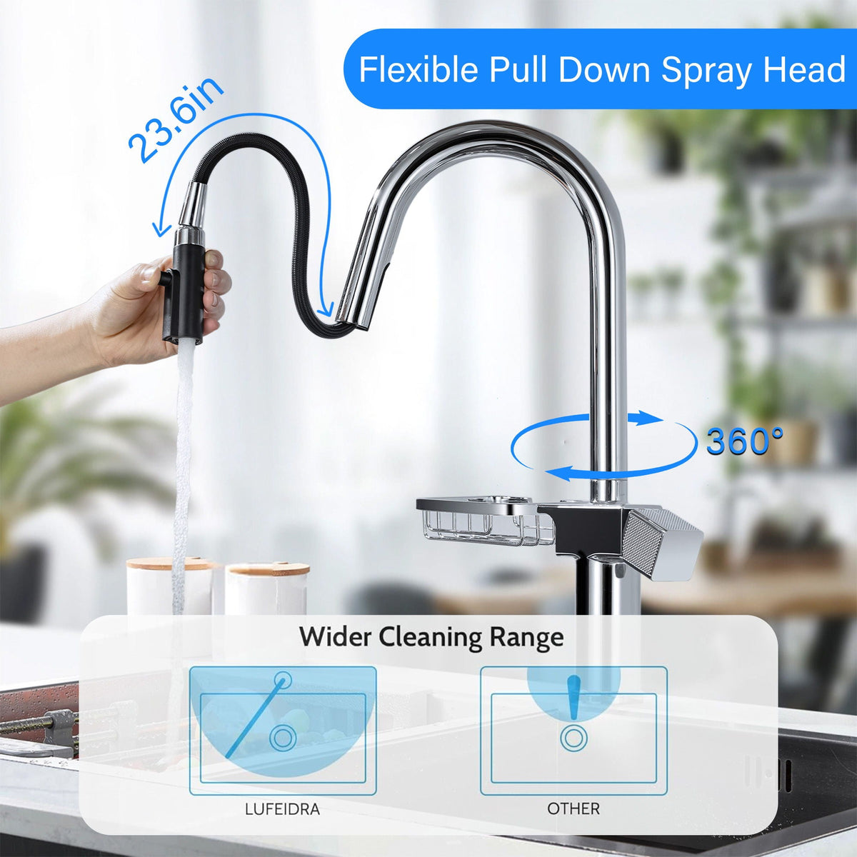 High Arc Pull Down Kitchen Faucet with Built-In Shelf - Pearl Silver or Gold