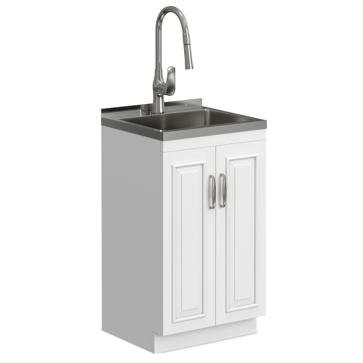 Deluxe Laundry Cabinet with Pull-Out Faucet and Stainless Steel Sink - White