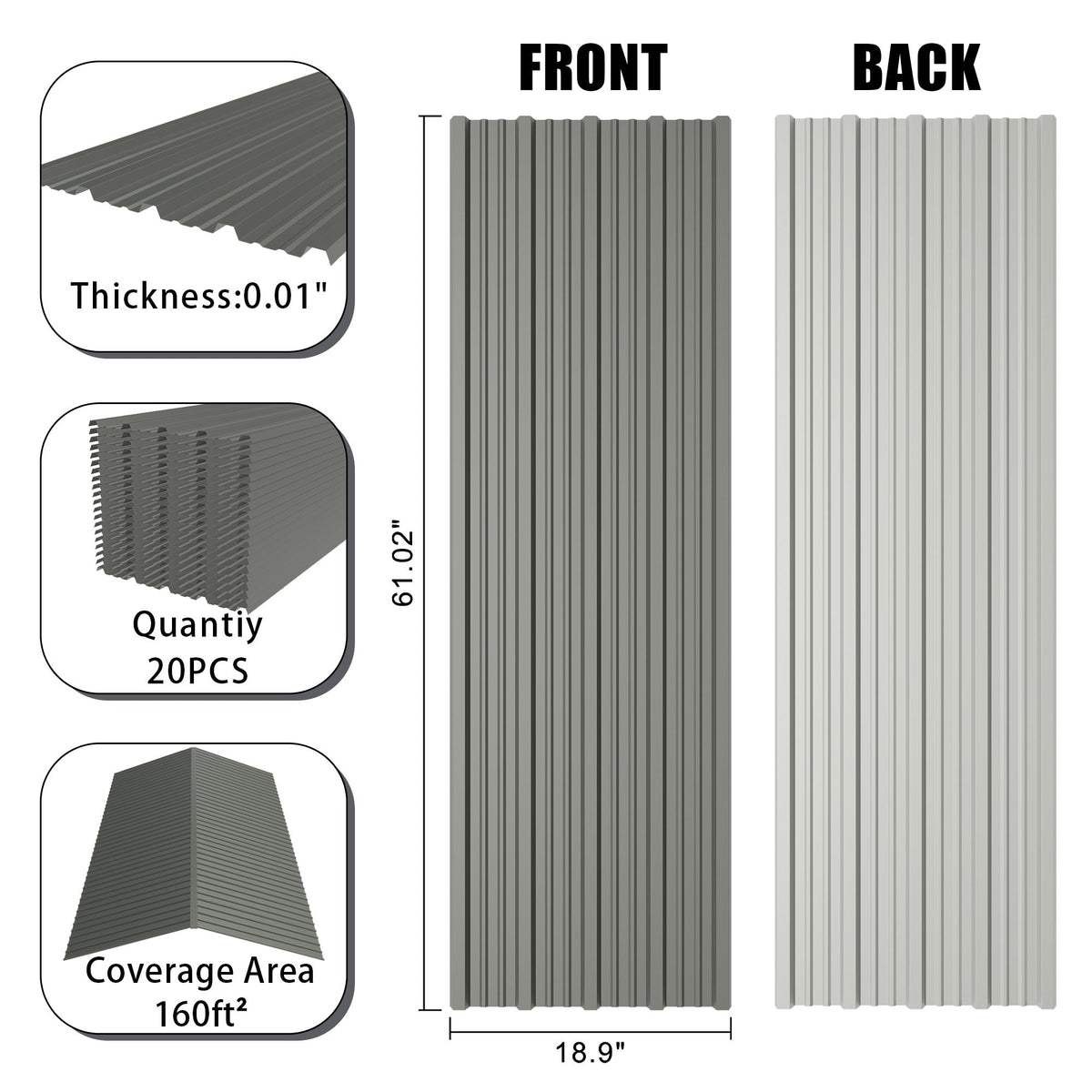 Galvanized Steel Corrugated Metal Roof Panels - Set of 20