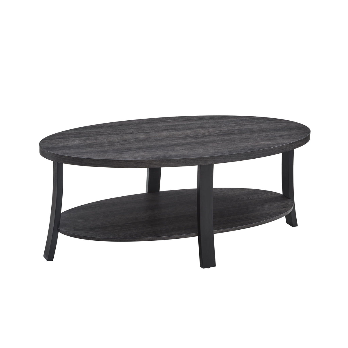 Contemporary 3 Piece Coffee Table Set with Oval Wood Shelf - Charcoal