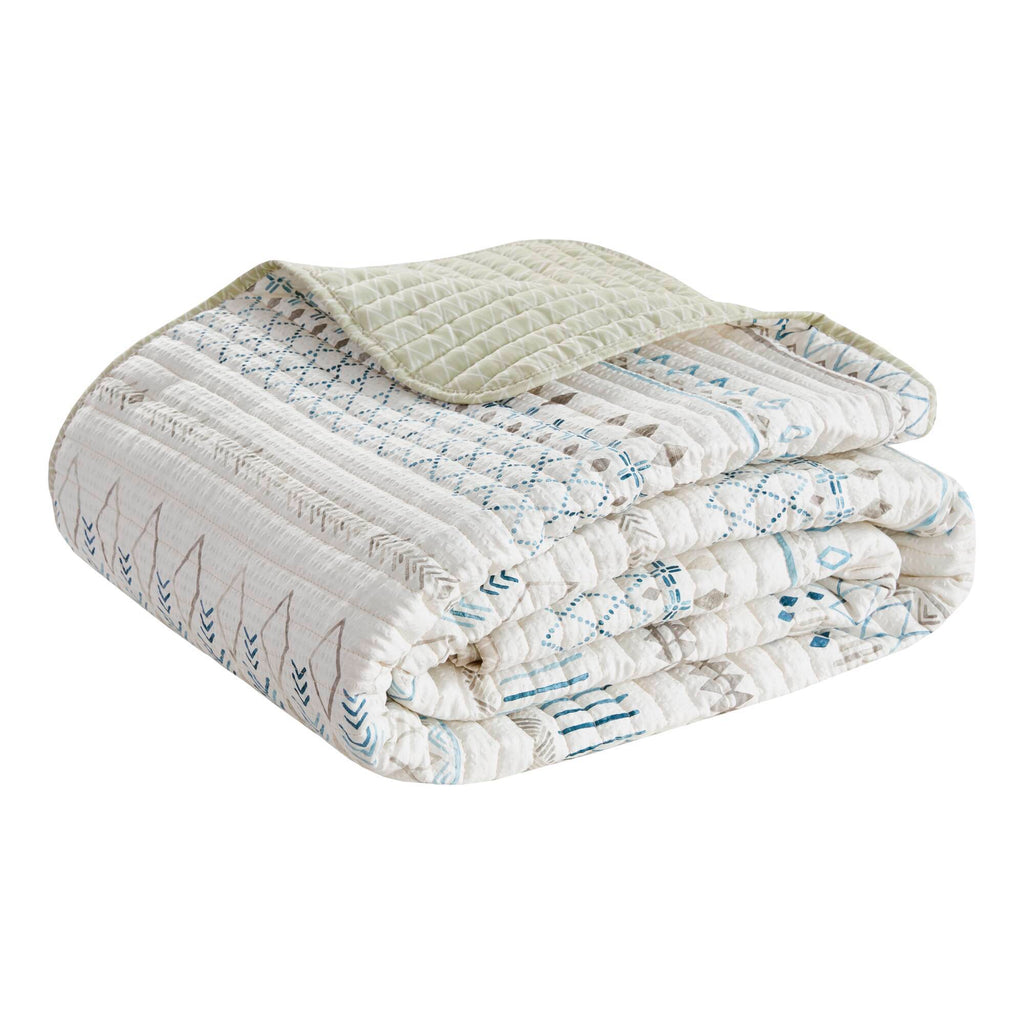 Printed Microfiber Seersucker Quilt Set with Reversible Design - Taupe/Blue
