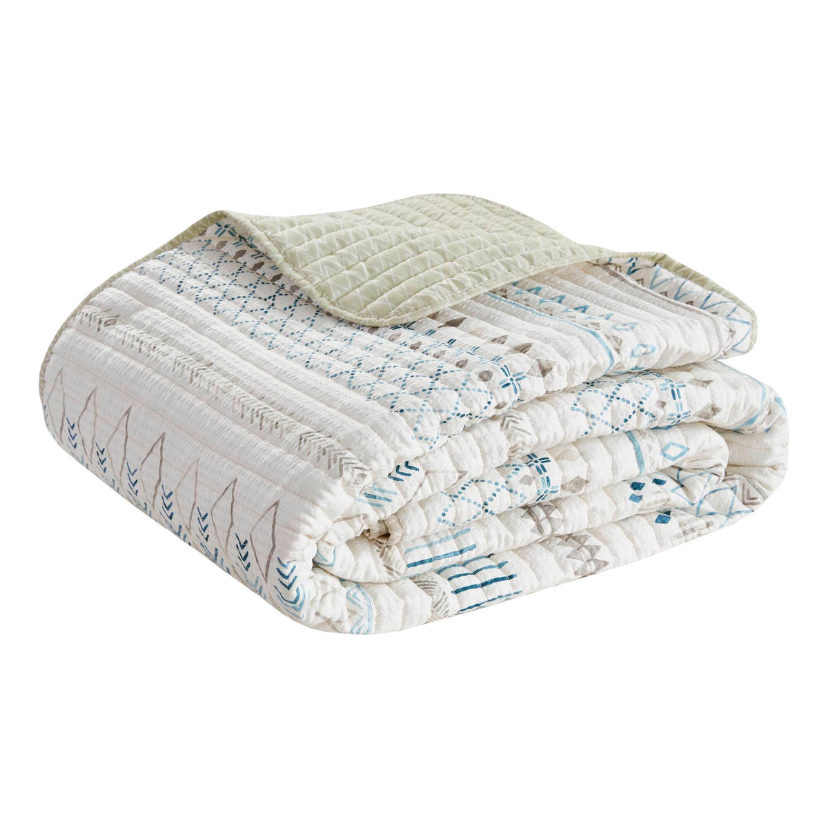 Printed Microfiber Seersucker Quilt Set with Reversible Design - Taupe/Blue