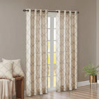 Fretwork Print Grommet Top Window Curtain Panel with Sunlight Filtering - Beige/Grey
