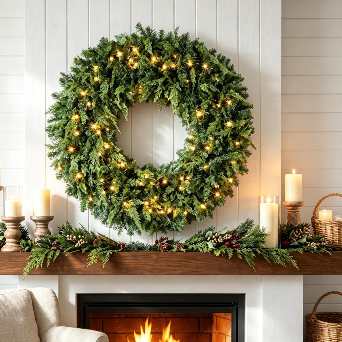 48-Inch Pre-Lit Crestwood Spruce Artificial Christmas Wreath with 8 Lighting Modes - Green