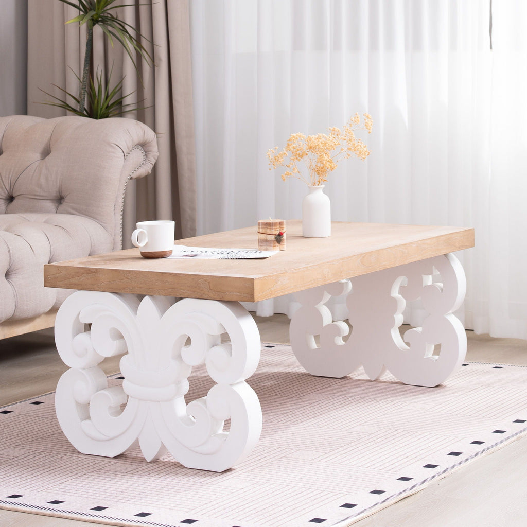 Ornate Scroll Base Coffee Table with Rectangular Top – Black or White