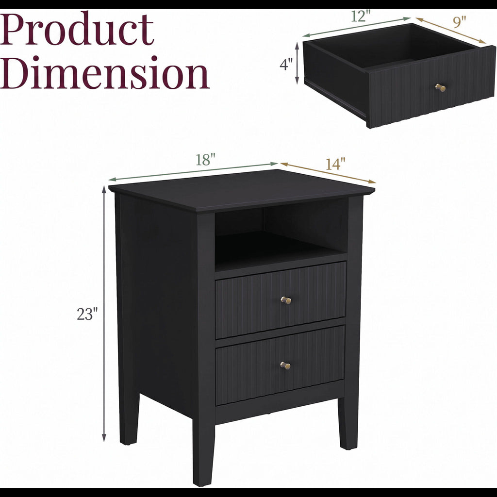 Fluted Nightstand with 2 Drawers and Soft-Close Slides - Multiple Colors