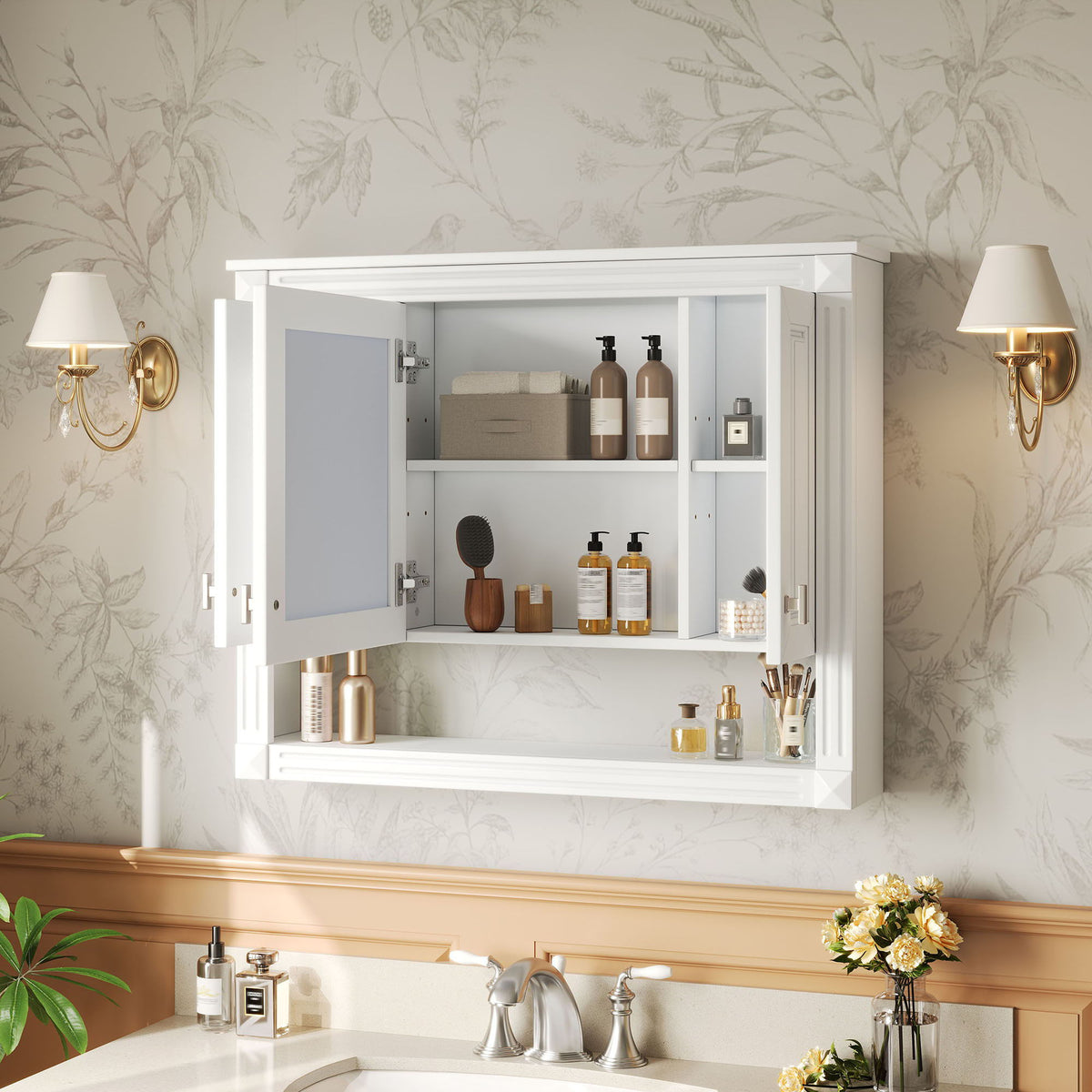 Wall-Mounted Bathroom Cabinet with Mirror and Open Shelf – White