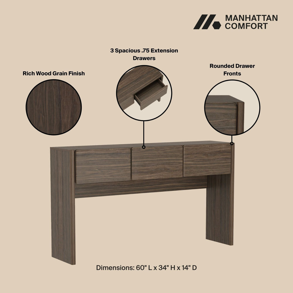 Linda Console Table with Three-Drawer Storage - Light Brown, Dark Brown, Dark Gray
