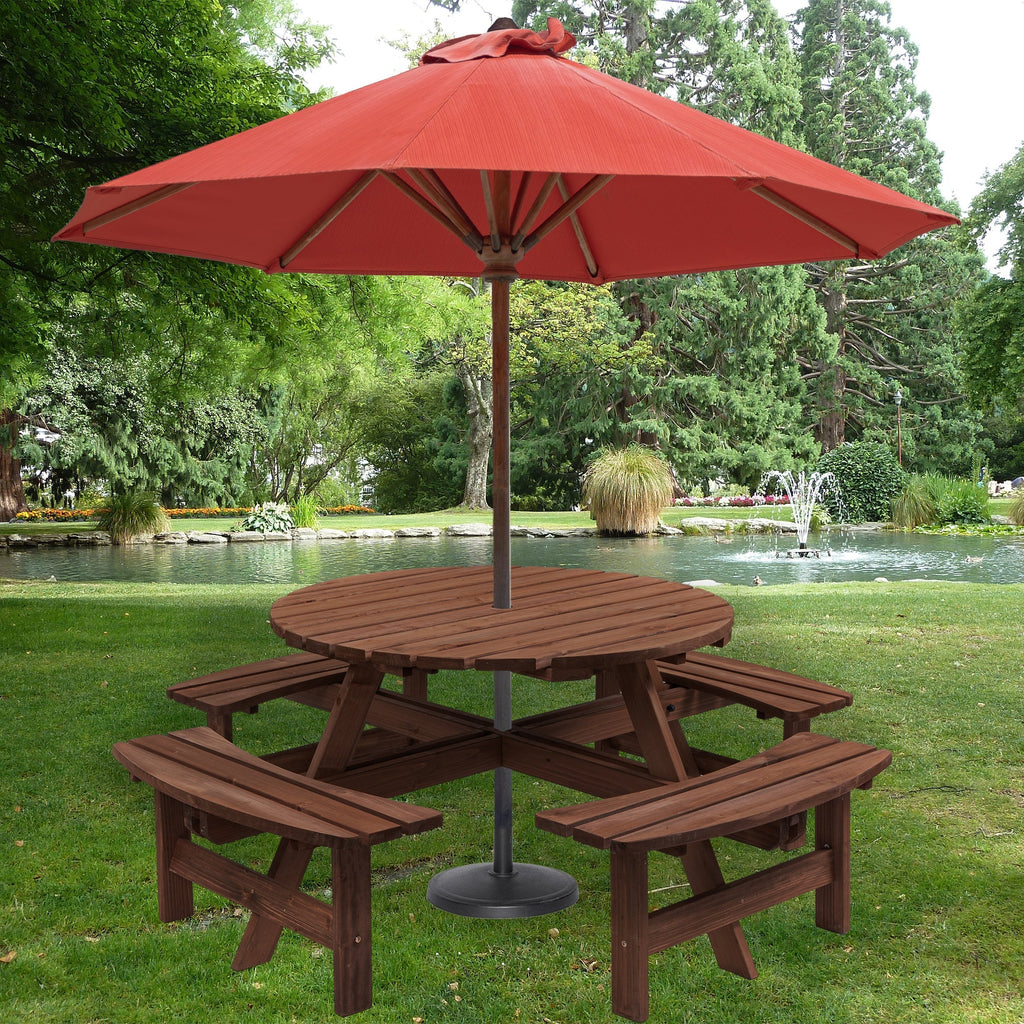 8 Person Wooden Picnic Table with Umbrella Hole - Brown
