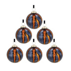 Blue Glass Christmas Ball Ornaments Set of 6 with Brass Accents