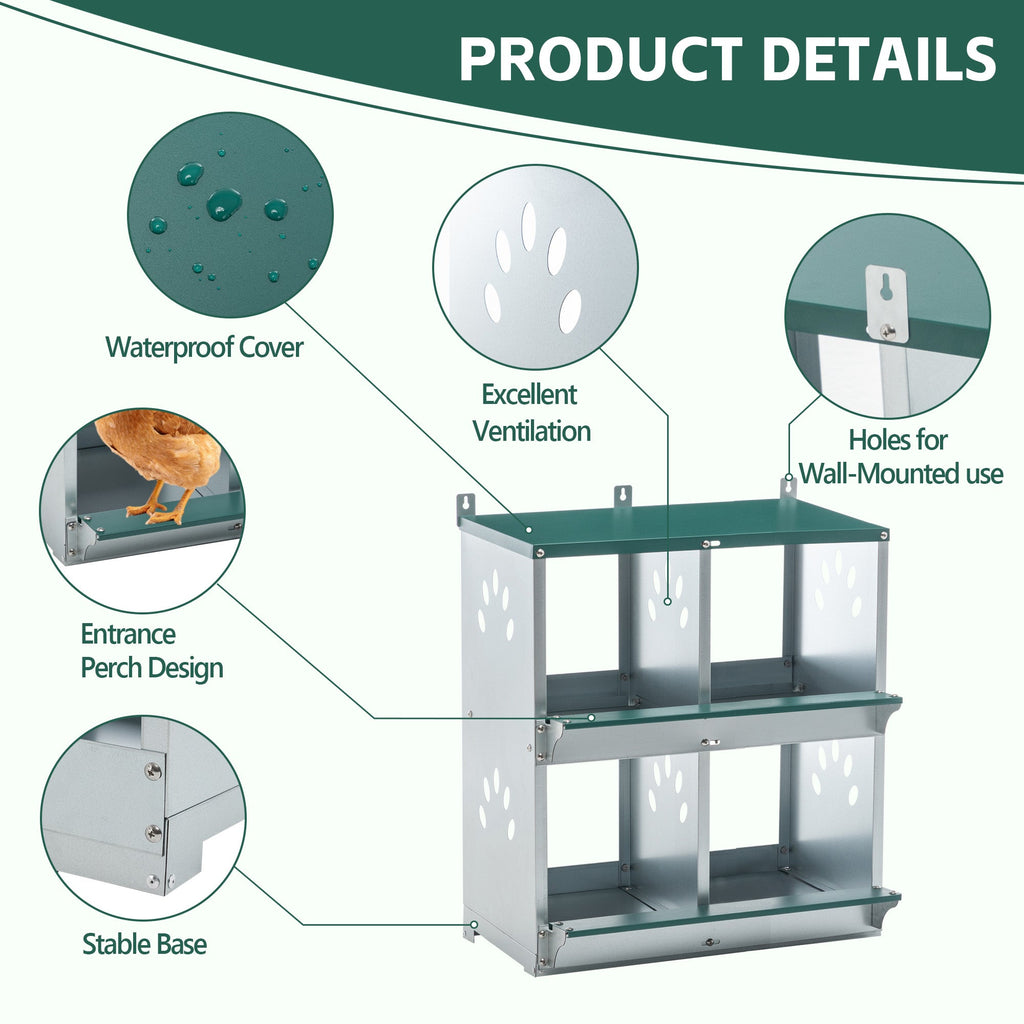 4 Compartment Chicken Nesting Boxes with Durable Metal Construction - Green