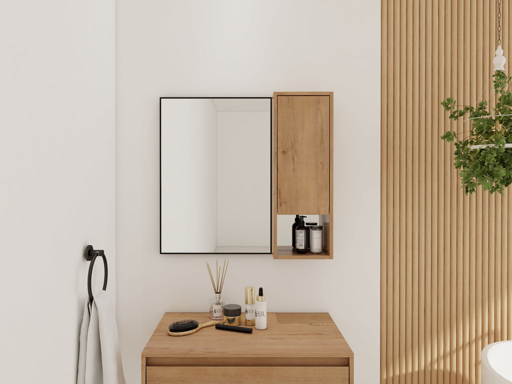 Imitative Oak Wall Mounted Bathroom Mirror Cabinet with Soft Close Door
