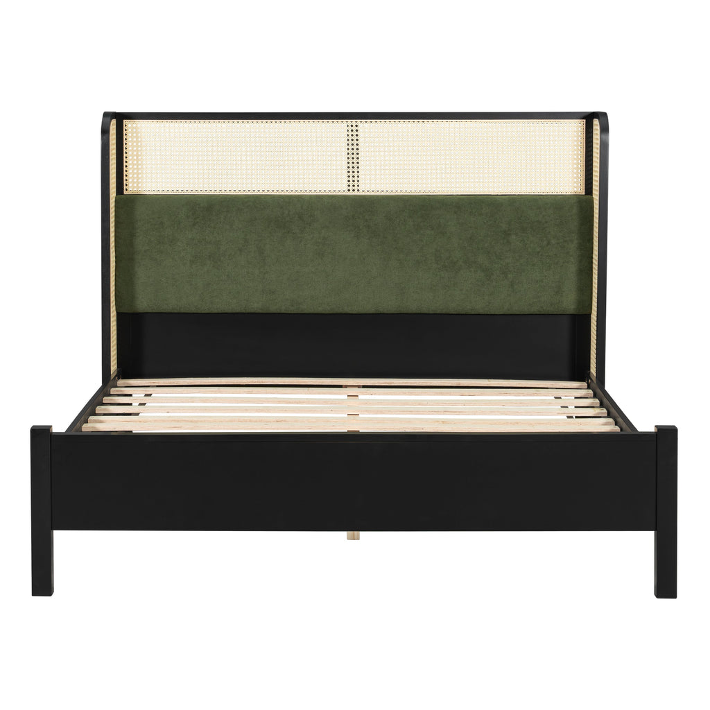 Queen Size Bed Frame with Plush Green Upholstered Headboard - Green