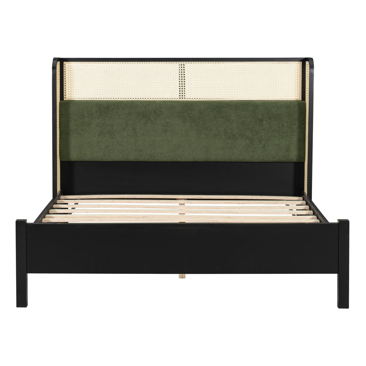 Queen Size Bed Frame with Plush Green Upholstered Headboard - Green