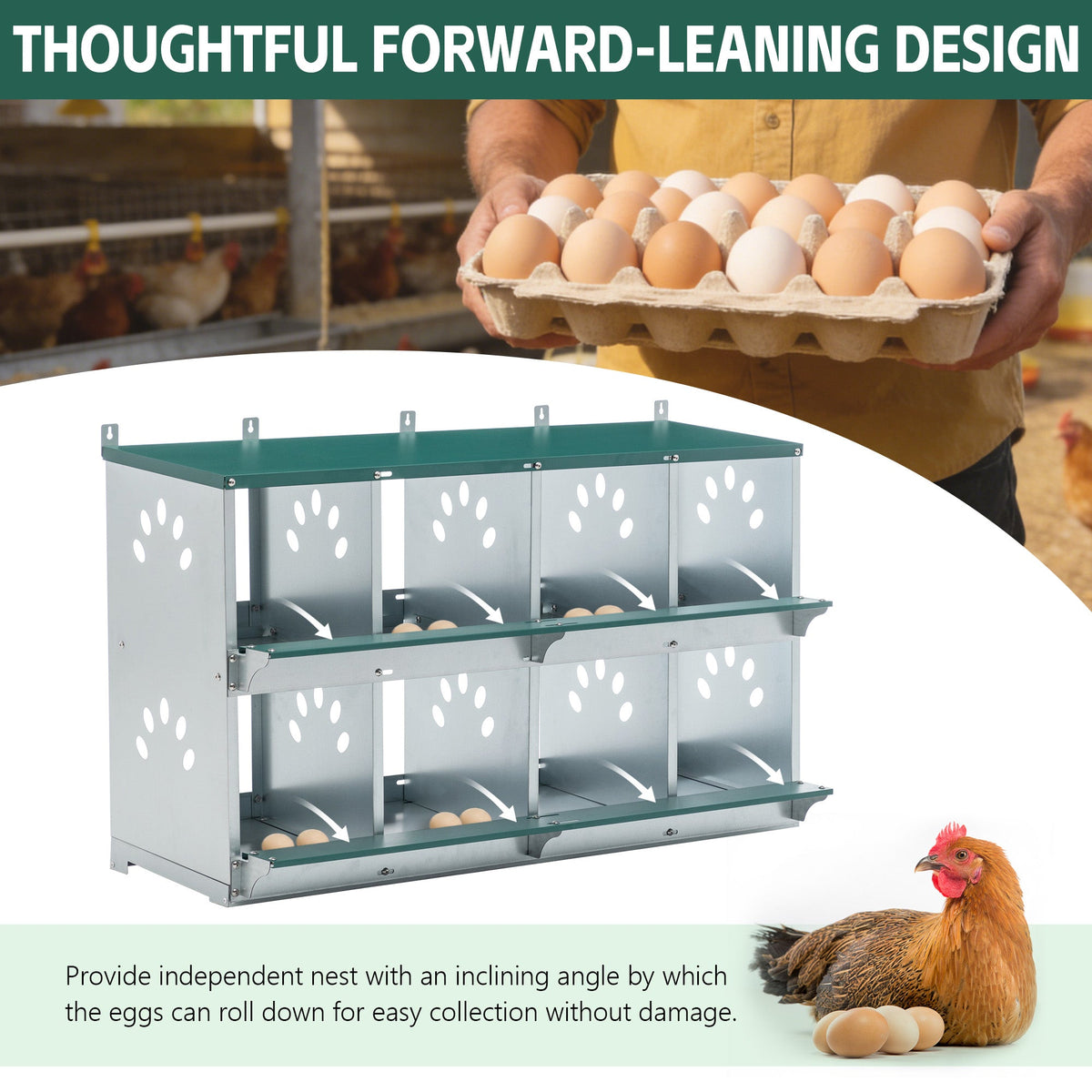 8 Compartment Chicken Nesting Boxes with Wall Mount - Green