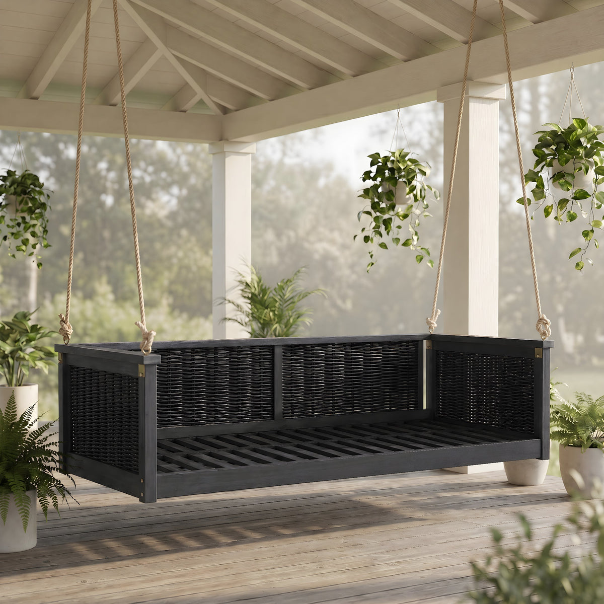 Solid Wood Twin Size Swing Bed with Handwoven Rattan - Natural Wood