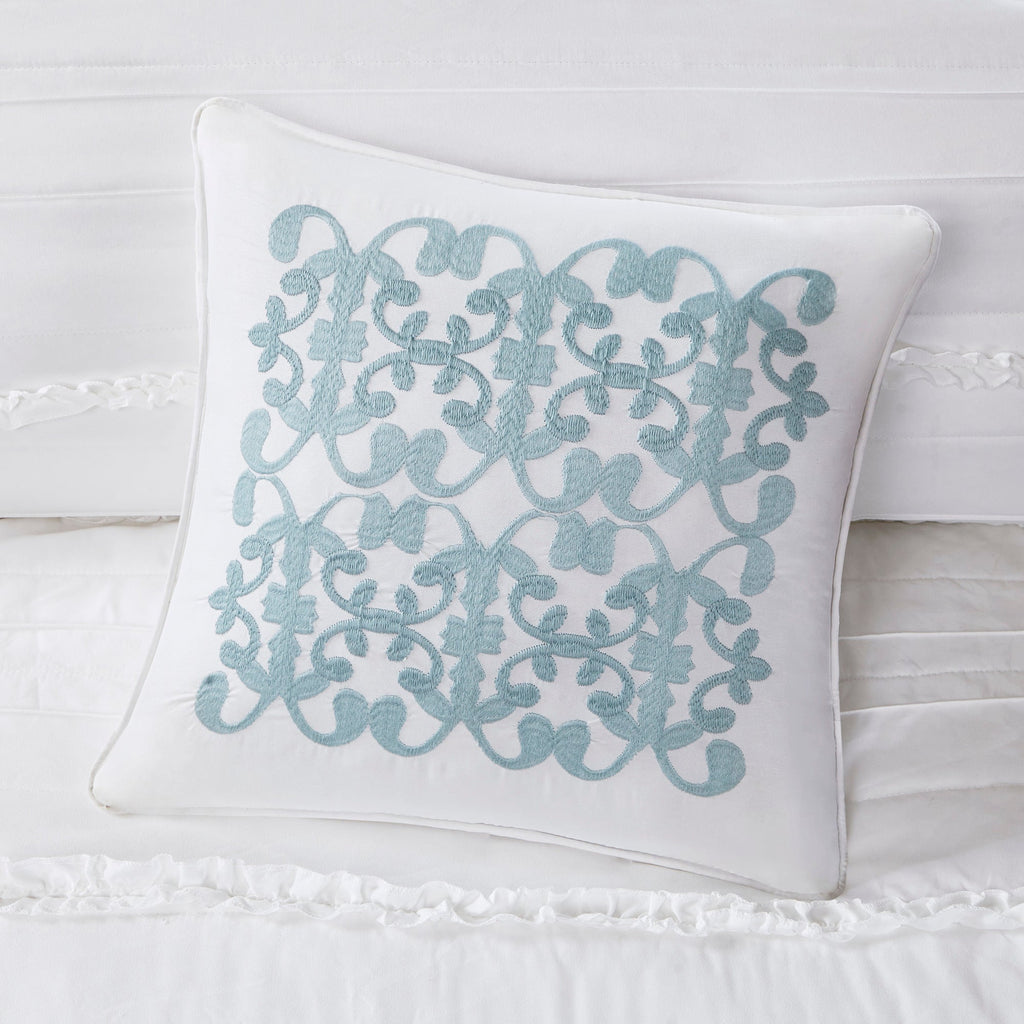 5 Piece Ruffled Comforter Set with Embroidered Decorative Pillow - White