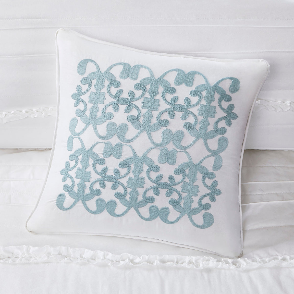 5 Piece Ruffled Comforter Set with Embroidered Decorative Pillow - White
