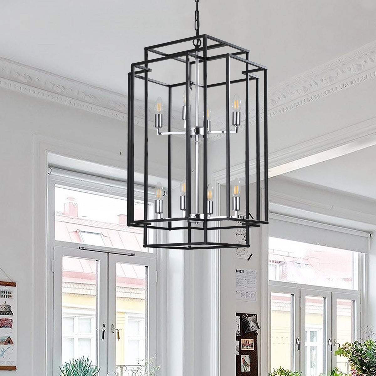 Modern 8-Light Geometric Pendant Chandelier with Adjustable Height - Chrome