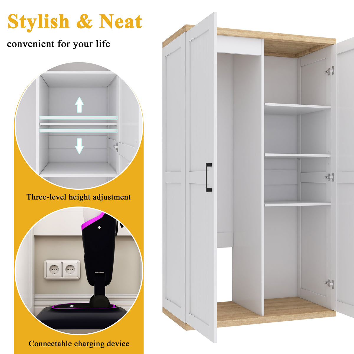 Tall Wooden Vacuum Storage Cabinet with Adjustable Shelf - White