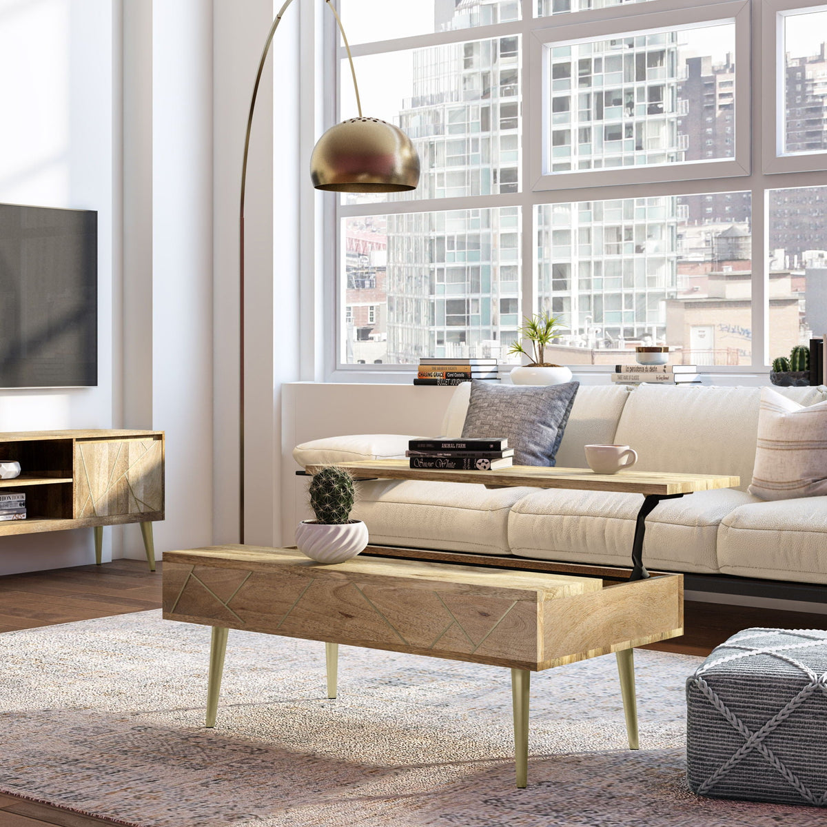 Handcrafted Lift Top Coffee Table with Storage - Light Brown