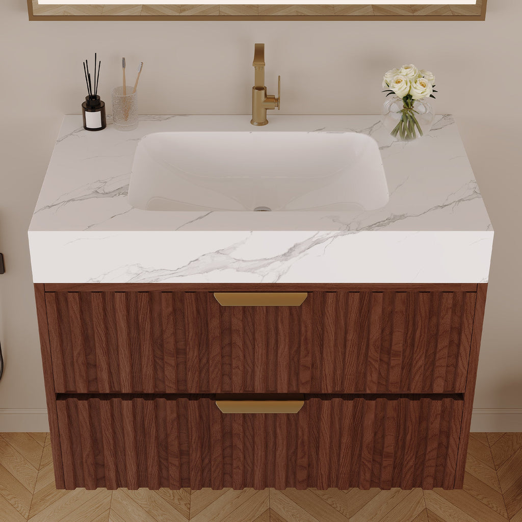 30" Modern Floating Bathroom Vanity with Seamless Sintered Stone Top - Walnut, White or Brown, Walnut