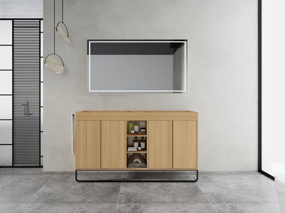 60-Inch Freestanding Bathroom Cabinet with Soft Close Doors & Open Storage - Oak