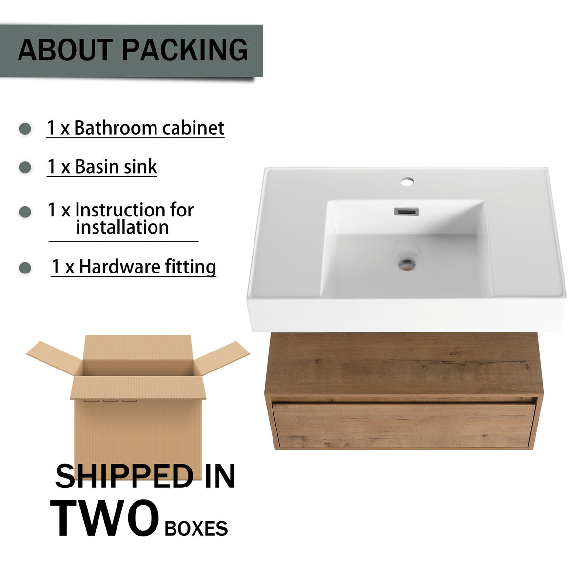 Wall Mounted Bathroom Vanity with Resin Sink and Soft Close Drawer - Imitative Oak