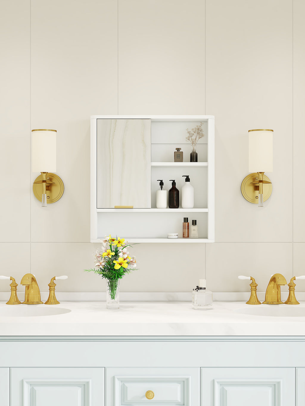 Modern Bathroom Mirror Cabinet with Open Shelves - Bathroom Storage, MDF