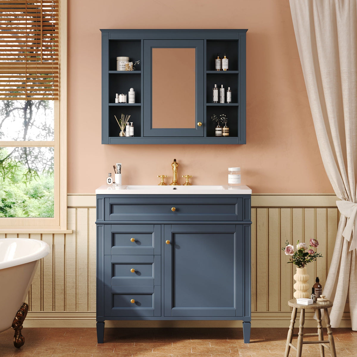 Bathroom Vanity With Mirror Cabinet and Single Sink - Soft-Closing Doors