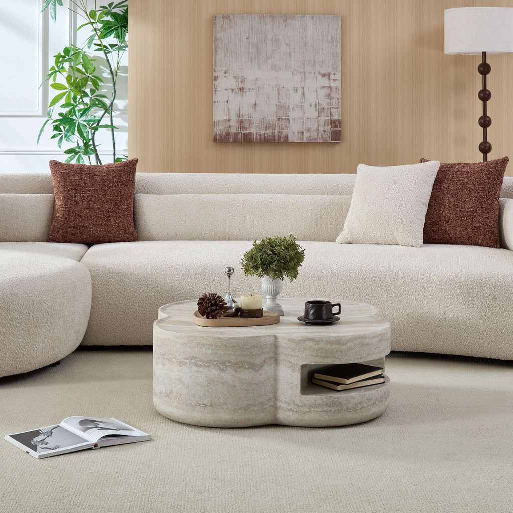Marble Clover Round Coffee Table with Open Storage