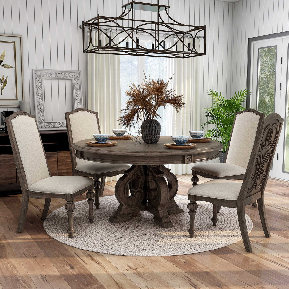Elegant Round Dining Set with Upholstered Chairs - Dark Brown or White