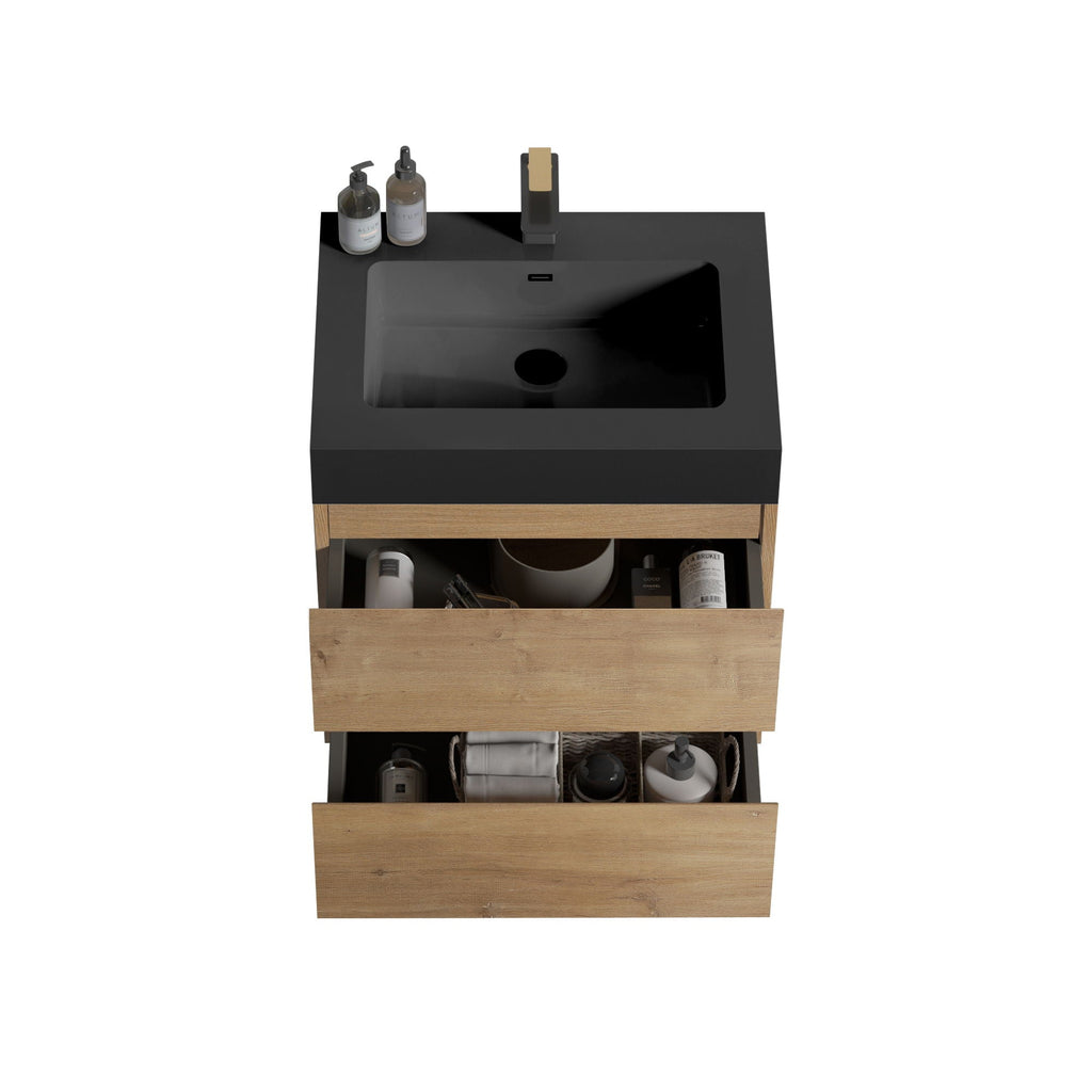 Natural Oak Bathroom Vanity with Floating Quartz Sink - Light Brown