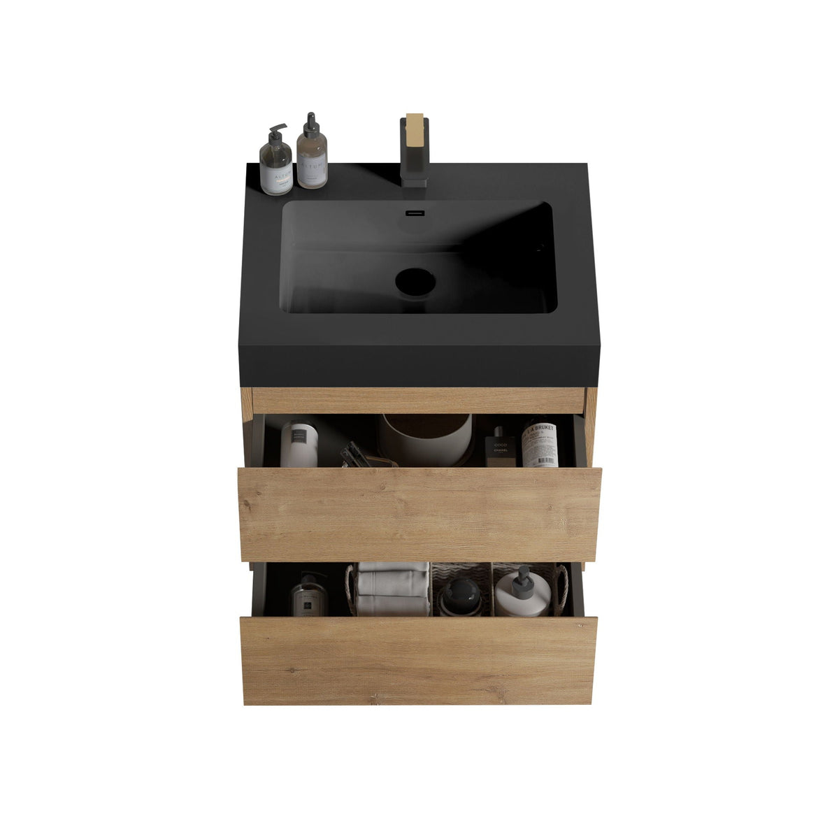 Natural Oak Bathroom Vanity with Floating Quartz Sink - Light Brown