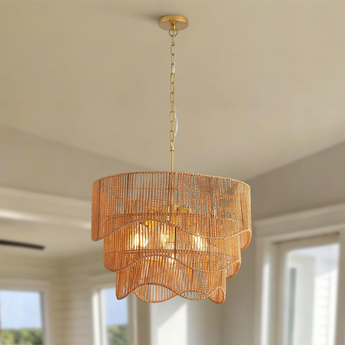 Handwoven Paper Rattan Boho Chandelier with 7-Light E26 Base - Natural