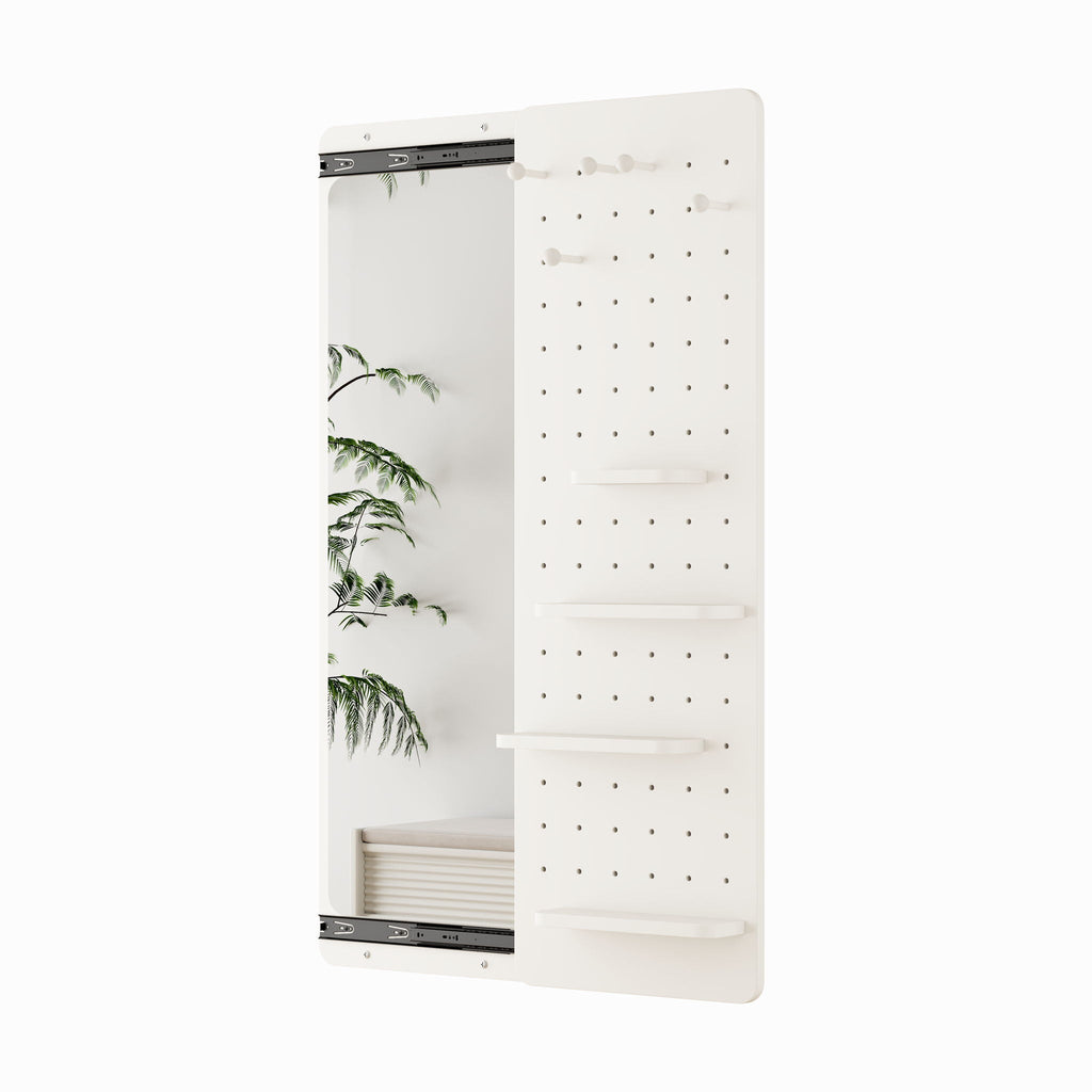 Full Length Wall Mounted Mirror with Shelf and Hook - Dark Brown, White, or Light Brown