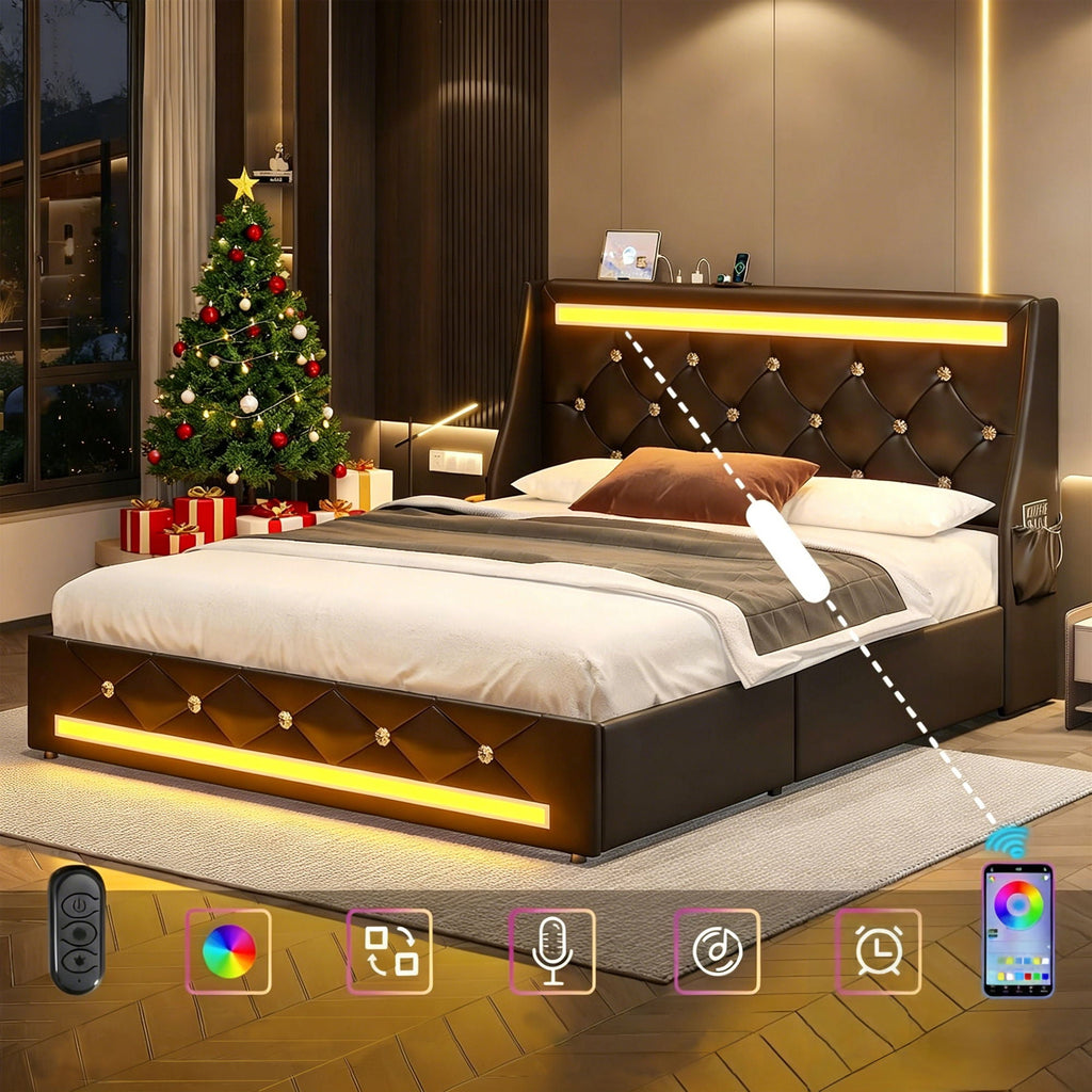 Wingback Upholstered Bed Frame with LED Lights and Charging Station - Black or White