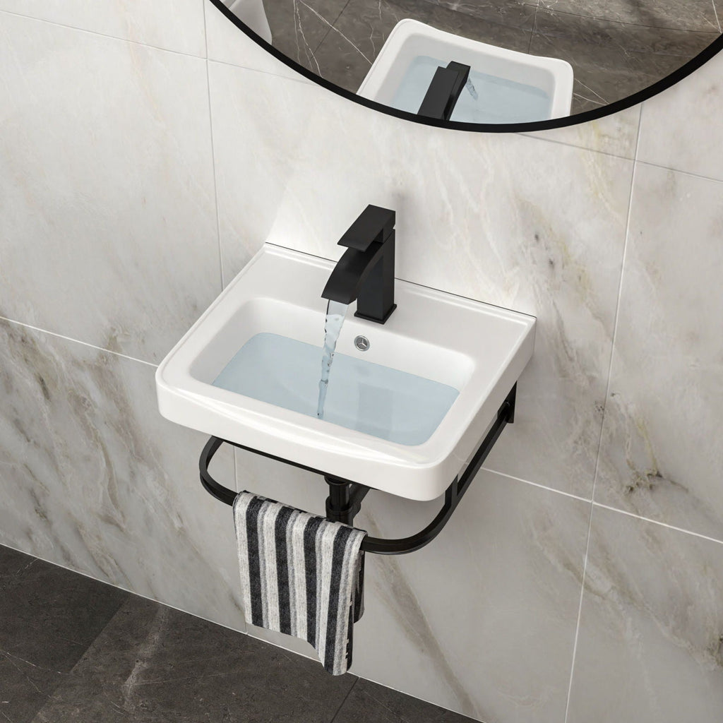 Wall Mounted Bathroom Sink with Towel Bar & Overflow - White / Black