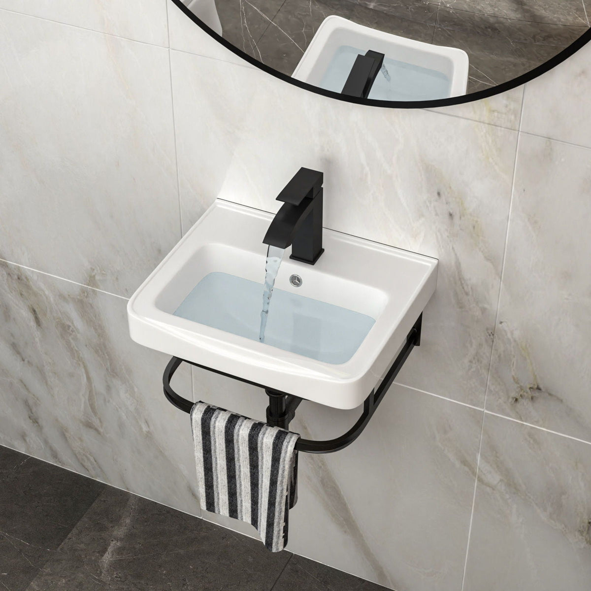 Wall Mounted Bathroom Sink with Towel Bar & Overflow - White / Black